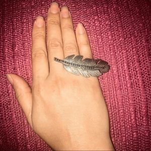 Black Rhinestone Silver Feather 2-Finger Ring
